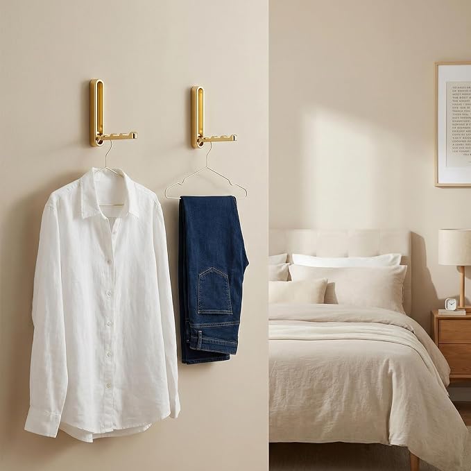 4.33 in Extended Folding Coat Hooks, 2 Pack Gold Wall Hooks, Zinc Alloy | 90° Foldable Design, Wall Mounted, Zinc Alloy, Flip-Down Design, Includes Screws And Anchors, For Bedroom, Entryway, Closet