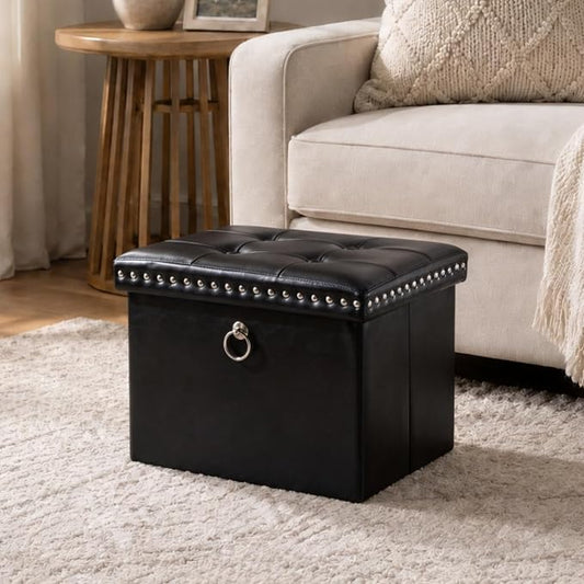 oakvivo Small Storage Ottoman Foot Rest Stool, 16x12x12 in Foldable Leather Footstool Storage Bench with Rivet Design, Thicker Foam Padded Seat, Footrest Under Desk for Living Room Bedroom, Black