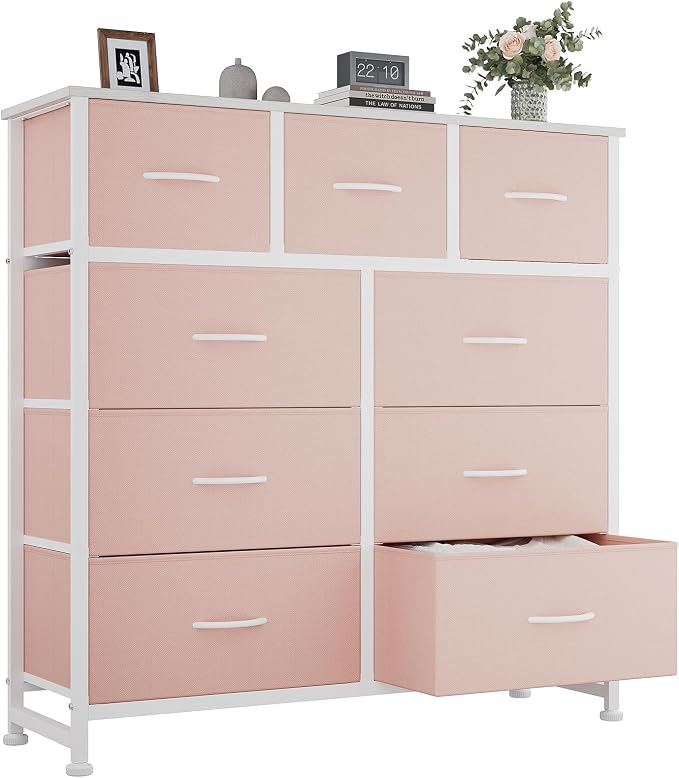 OLIXIS 9 Drawer Pink Dresser for Bedroom, Closet Organizers and Storage | Tall Fabric Dresser with Wooden Top, Chest of Drawers for Clothes Storage, Tower Cabinet, Furniture, TV Stand