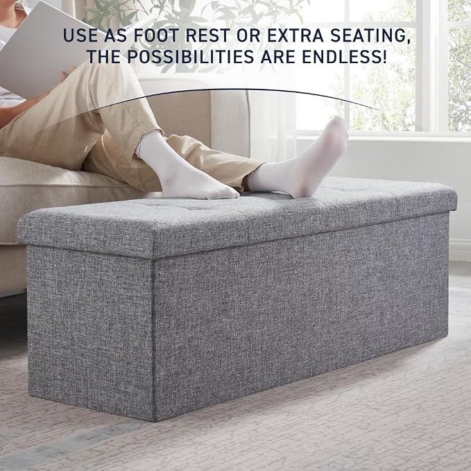 Ornavo Home 43 Inch Folding Extra Large Storage Bench, Linen, Gray | Upholstered Tufted Ottoman with Lid; Foot Rest Stool; Ideal for Bedroom, Living Room or Entryway