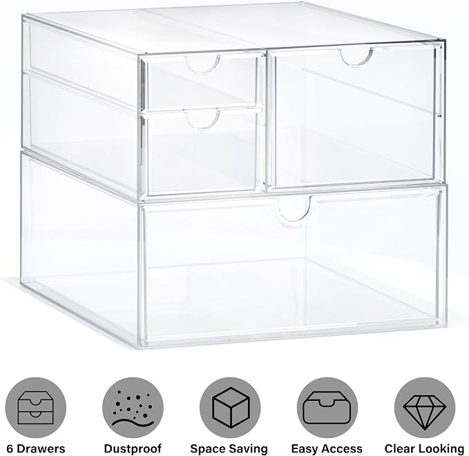 Prsildan Acrylic Drawer Makeup Organizer with 4 Drawers, Set of 2 | Clear, Baby Bottle Storage, For Vanity Countertop Bathroom Cosmetic Office Desk, Craft Jewelry Art Supply Organization