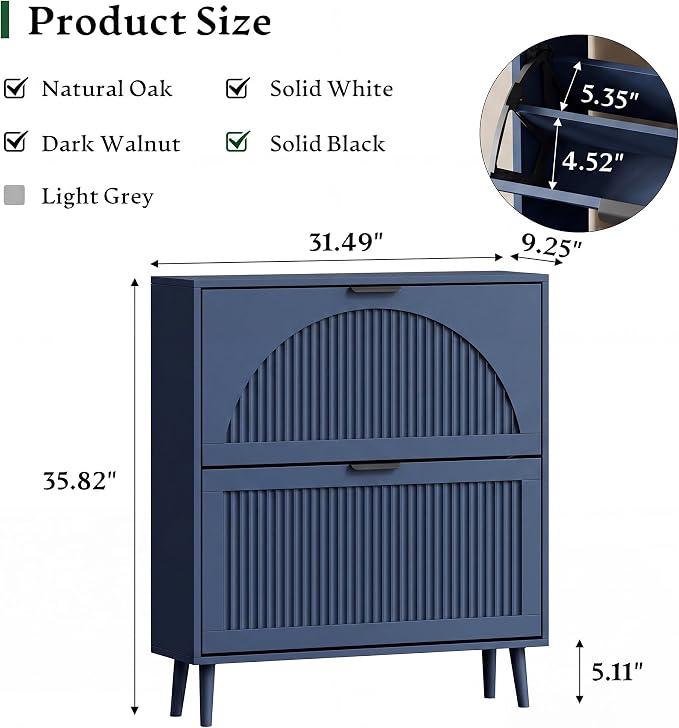 Xixini Shoe Storage Cabinet with 2 Flip Drawers, 36" Tall Narrow Wood Fluted Shoe Organizer for Entryway, Freestanding Wooden Hidden Slim Shoe Rack for Front Door Entrance, Hallway, Foyer, Navy Blue