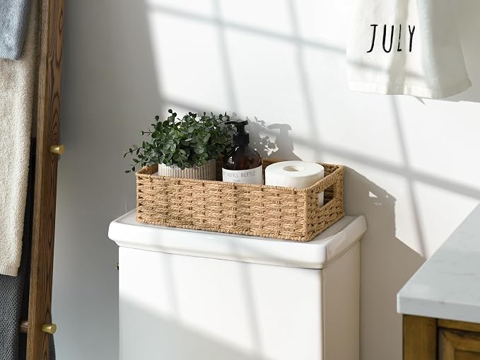 StorageWorks Toilet Paper Storage Baskets for Bathroom Decor, Light Brown | Paper Rope Toilet Top Basket with Built-in Handles, Rectangle Toilets Storage Basket for Tank Topper, 1 Pack
