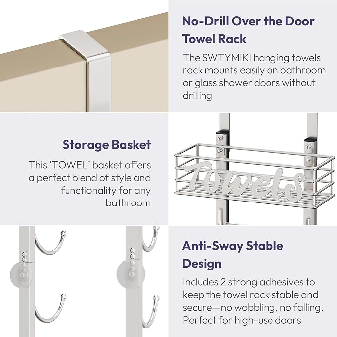 SWTYMIKI Hanging Towel Racks for Bathroom - 9 Tier Over the Door & Wall Mounted Bath Rolled Towel Storage Organizer Holder for Small Bathroom, RV, Camper (Polished Nickel, 9-Tier)