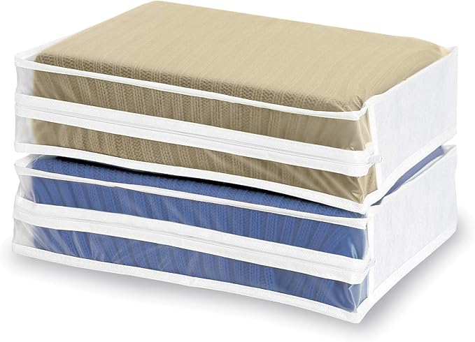 Whitmor Zippered Sweater Bag - Stackable Breathable Storage Bags Individual Clothing Organizer for Clothes, Bedsheets, Pillows - Set of 6 (14"L x 12"W x 3"H Clear)