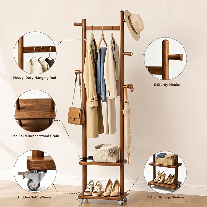 Taitiy Solid Wood Coat Rack Small Freestanding with Wheels 2 Shelves | Small spaces, solid rubberwood construction, 2 shelves and 5 hooks, ideal for bedrooms, entryways, apartments and homes