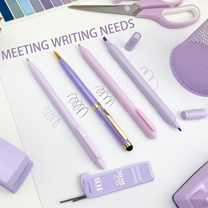 16Pcs Purple Desk Accessories- Purple Office Supplies with Stapler, Tape Dispenser, Pen Holder, Staple Remover, Hole Punch, Paper Clips, Pens, Cute Desk Set for Office Home School Women Students Gift