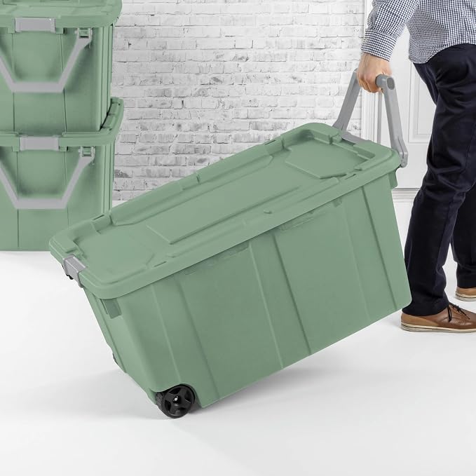 40 Gallon Light Green Rolling Industrial Storage Bins 2-Pack, Heavy-Duty Plastic with Leakproof Lid & Latches, Stackable for Garage Warehouse Equipment Transport
