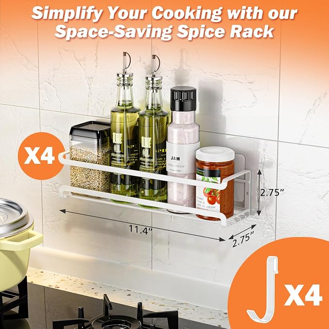 Bunoxea Spice Rack Wall Mounted 4 Pack, White,11.41x2.75x2.75in | 4 Removalble Hooks,Screw or Adhesive Hanging,Space-Saving,For Kitchen Cabinet, Pantry Door,Stove,RV