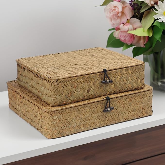Flat Seagrass Wicker Baskets with Lids, Set of 2 | Small and Large Storage Boxes, Shelf Organizer Bins, Woven Home Storage, Stackable Flat Design, Natural Decor