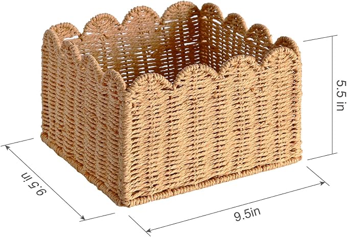 Scalloped Basket, Wicker Storage Baskets, Hand Woven Baskets for Shelves,Natural Baskets for Organizing (S+M)