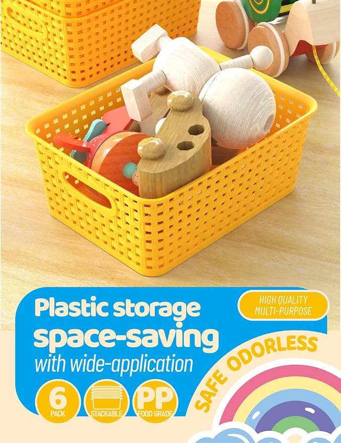 WYT 6-Pack Plastic Small Shelf Storage Weave Baskets Organizing for Cabinets and Pantries, Green