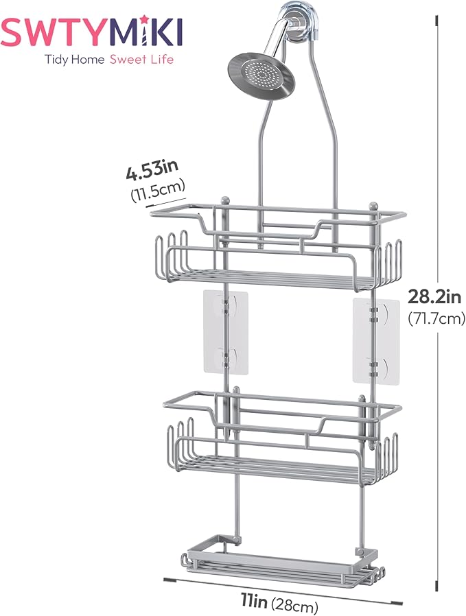 SWTYMIKI Bathroom Shower Caddy Hanging - 3 Tier Rustproof Over Shower Head Organizer, No Drilling Bathroom Shelf with 16 Hooks & Soap Holder, Anti-Swing Rack for Shampoo,Sponge,Towel, Silver, Medium