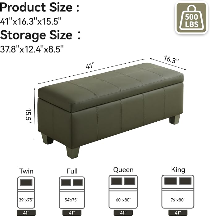 WUTUTUEE 41" Faux Leather Storage Ottoman, Stitch Tufted Rectangle Upholstered End of Bed Storage Bench, Entryway Large Couch Ottoman with Wooden Legs,Green