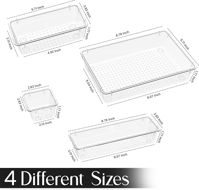 KICHLY 25-Piece Clear Drawer Organizer Set – Multi-Size Storage Trays | Bathroom, vanity, makeup, kitchen & office use | Caddy style | Desk organizer set