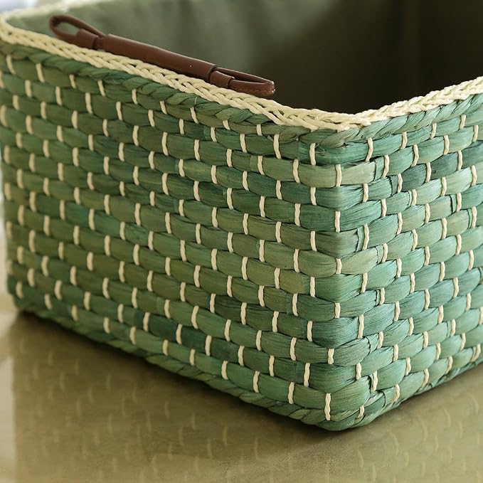 Basket Woven Maize Straw Storage with Handle, Kingwillow(Rectangular,Green Small:12.60"Lx8.66"Wx5.51"H)