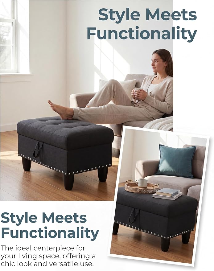 Ottoman with Storage, 28.5 inch Liner Storage Ottoman with Padded Seat, Large Entryway Bench with Solid Wood Frame, Upholstered Sturdy Foot Rest for Living Room, Bedroom, Entryway, Black Gray