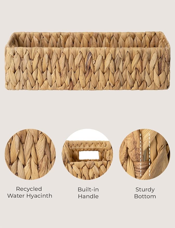 StorageWorks Toilet Paper Basket, Small Bathroom Basket Organizer | Water Hyacinth Wicker Baskets for Storage Hand Towels with Built-in Handles, Back of Toilet Basket for Bathroom Decor