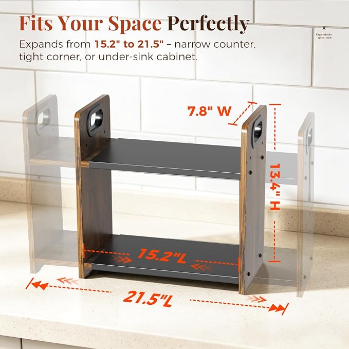 2-Tier Expandable Spice Rack Organizer for Countertop,15.2"-21.5" | Metal & Wood ,Adjustable Height Spice Racks Shelf for Counter Cabinet Coffee Station, Space-saving Kitchen Storage Shelves