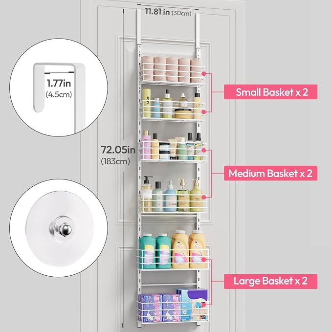 SWTYMIKI Over The Door Organizer - Door Organizer Hanging with 6 Adjustable Metal Large Capacity Basket, Wall Mounted Shelf for Bedroom Closet Bathroom Laundry Pantry Cabinet Kitchen(White)