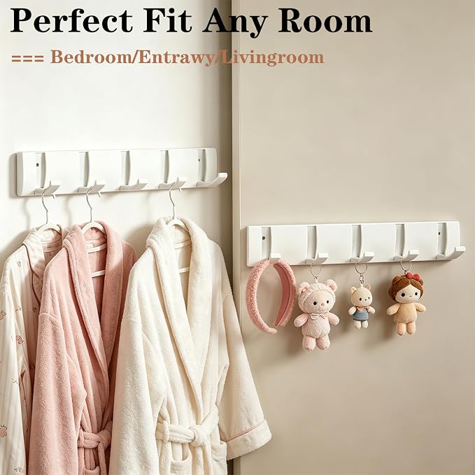 Folding Coat Hooks, Wall Mounted Coat Rack with 10 Retractable Hooks,Heavy Duty Towel Rack for Bathroom Wall Hook for Hanging Clothes Bathrobe, Stainless Steel Coat Hanger for Entryway(White)