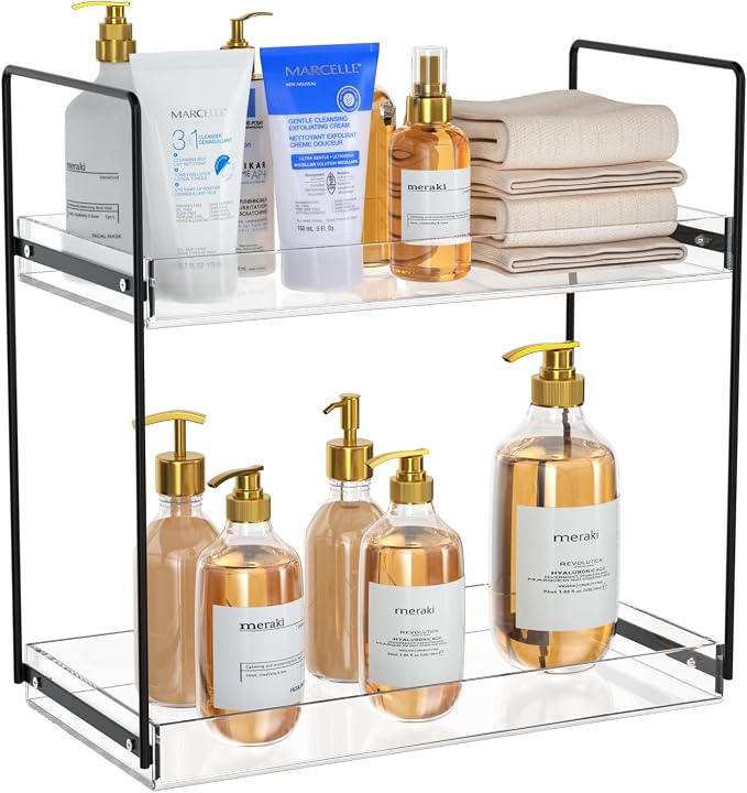 NPPLUS 2 Tier Bathroom Counter Organizer Matte Black+Clear Acrylic Vanity | Bathroom Countertop Organizer Under Sink With Acrylic Tray, Home Storage Holder For Makeup Cosmetics Perfume Spice