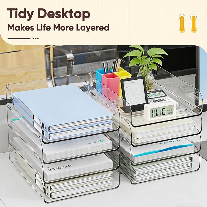 HIYOHIYO Clear Office Desk Organizer for A4 Letter Paper, 4-Tier Vertical | Stackable | Large Capacity | Sturdy Office DeskTtop Organizer for File Folder, Stable Home Desk Paper Holder and Storage