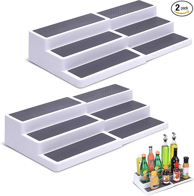 CiWiVOKi 3-Tier Expandable Spice Rack, Plastic Spice Rack Organizer for Cabinet, Adjustable Length, Non-Skid Spice Shelf Organizer for Kitchen Cabinet, Countertop or Pantry, 2 Pack, White/Grey