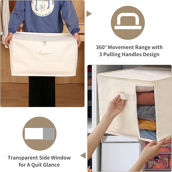 3 Pack Canvas Comforter & Blanket Storage Bags with Clear Window, Beige | Large Capacity, Cotton Linen Fabric, Reinforced Handles, Foldable Design for King Comforters, Clothes and Blankets Storage