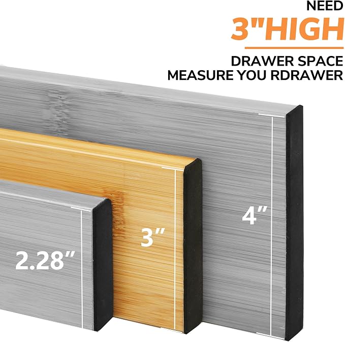 BAMEOS Bamboo Expandable Drawer Dividers – Fits 13.3"–19" Drawers, 3" Deep Walls, Set of 4 | Spring-Loaded Separator for Deep Kitchen & Bathroom Drawers, Prevents Items Falling Over