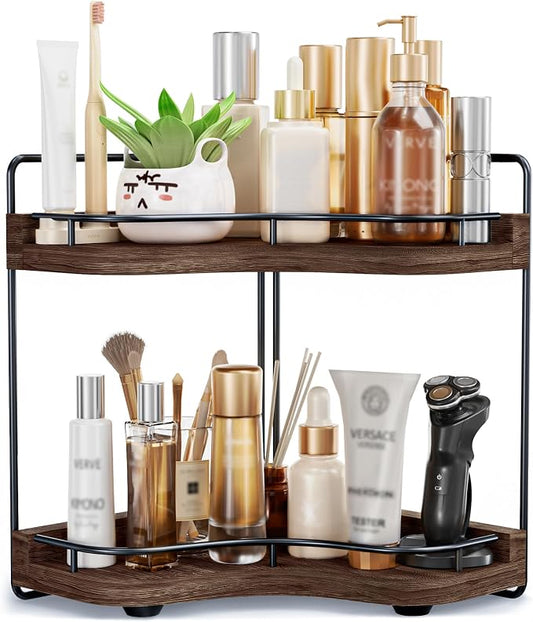 2-Tier Corner Bathroom Counter Organizer, Larger Size | Embedded Screw Holes, Sturdy & Stable, Oversized, Holds More, Vanity Shelf for Makeup & Skincare