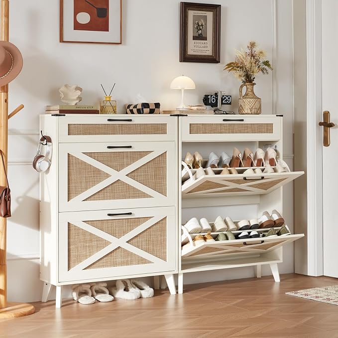 LEYAOYAO Shoe Cabinet Storage for Entryway with 2 Flip Drawers Rack Narrow Organizer Slim Hidden Wood Shoe Cabinet Furniture Off White