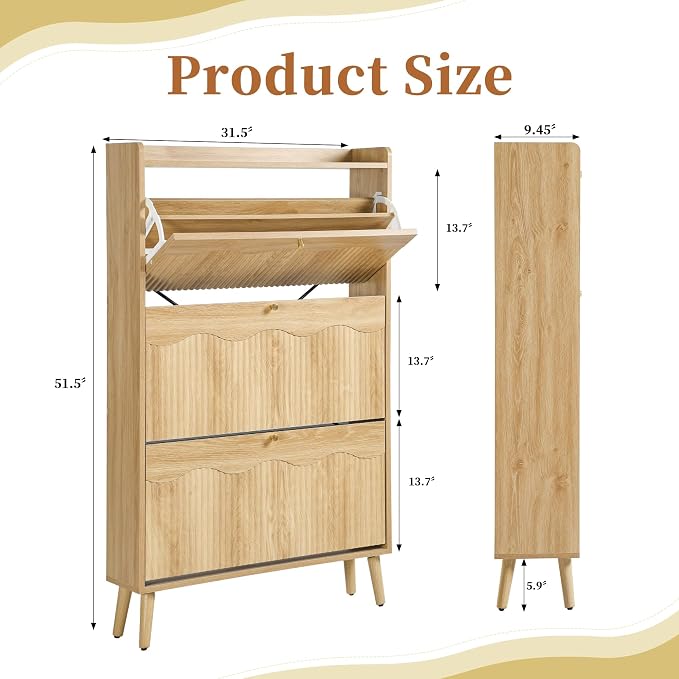 BERRYMERRY 51.2" Tall Shoe Storage Cabinet with 3 Flip Drawers for Entryway | narrow,entryway,adjustable feet,24 pairs shoe,shoe organize,hidden shoe rack,fluted panel,wave pattern,wood,space saving