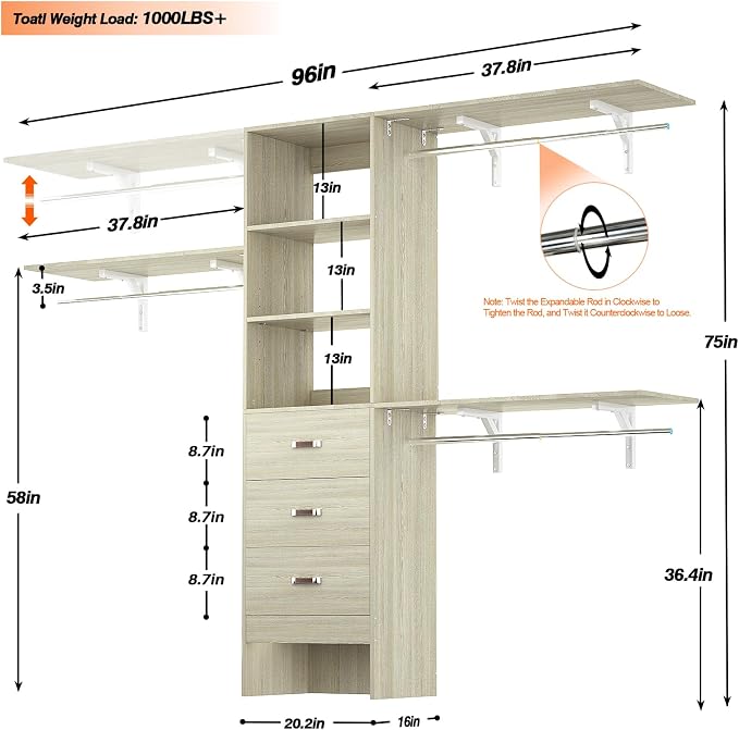 96" Wood Closet System with 3 Enclosed Drawers & 3 Solid Shelves, 8FT Adjustable Closet Organizers and Storage, Heavy Duty Modular Wardrobe for Reach-In & Walk-In, 1000 LBS Load, White Oak