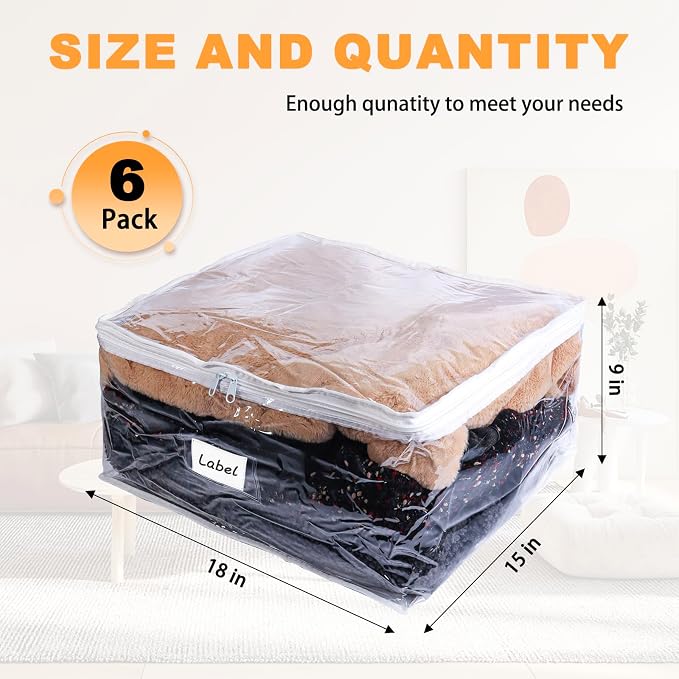 Clear Zippered Plastic Clothes Storage Bags, 6 Pack, White | Clear Storage Bags with Zipper Plastic Storage Bags for Clothes Sweaters Blankets Sheets, Size: 18 x 15 x 9 Inch