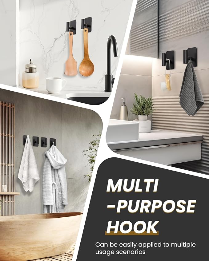 Heavy Duty Adhesive Hooks - 26lb Max, Sticky Wall Hooks Waterproof Stainless Steel for Hanging Towel, Coat, Robe, Towel Hooks Stick on Bathroom, Kitchen, Shower, Door (Black, 4 Pack)