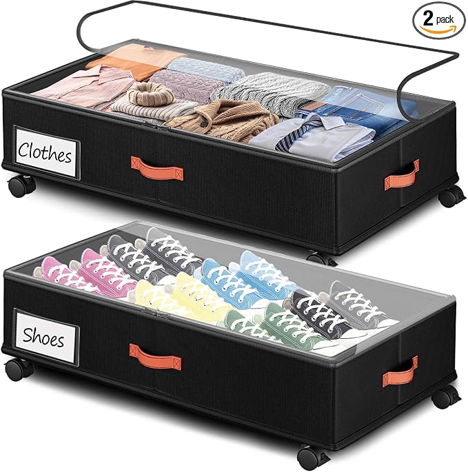 Under Bed Storage with Wheels 2-Pack, Under Bed Storage Containers 66L Clear Lids, Rolling Storage Drawers for Clothes Shoes Blankets, Underbed Organizer Bins(30" L x 16.2" W x 7.5" H)