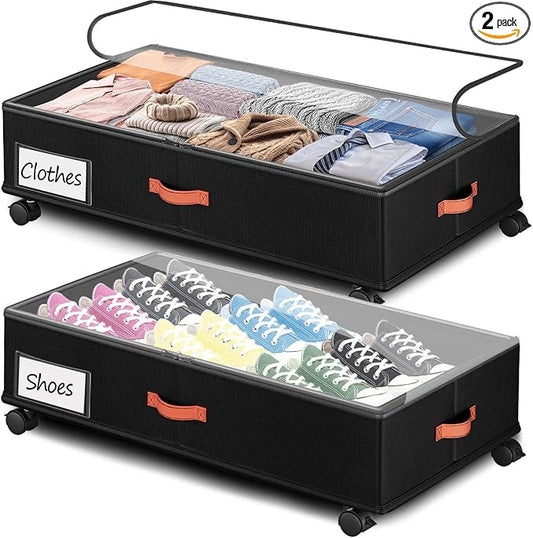 Under Bed Storage with Wheels 2-Pack, Under Bed Storage Containers 66L Clear Lids, Rolling Storage Drawers for Clothes Shoes Blankets, Underbed Organizer Bins(30" L x 16.2" W x 7.5" H)