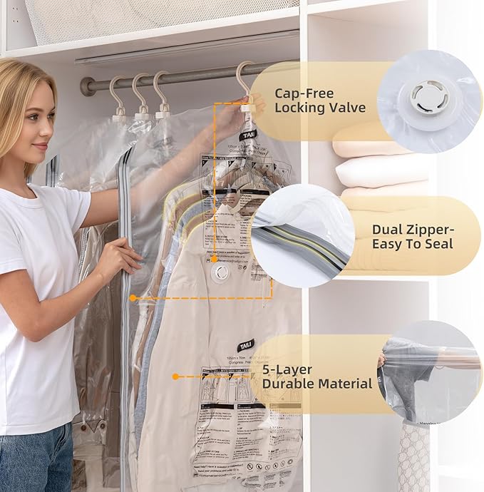 TAILI Hanging Vacuum Storage Bags, Space Save Vacuum seal bags for Clothing Travel, Suits and Jackets, Winter Coat Storage Closet Organizers, Set of 4 (2 Long, 2 Short), Clear