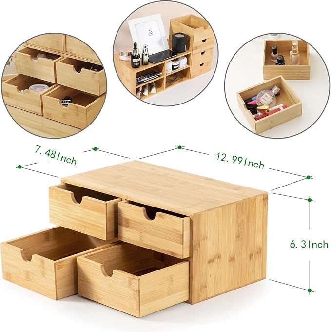 Bamboo Desk Drawer Organizer, Desktop Organizer with Drawers T(4 Drawes) | 4 Drawers Open Top Tray Fully Assembled Stores Pens, Notes, Makeup, Jewelry & Toiletries for Office, Vanity & Bath