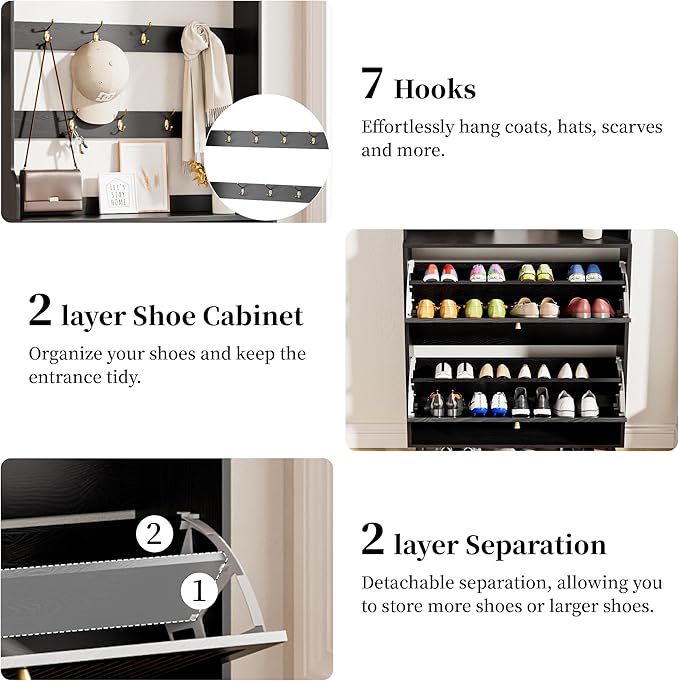 Fsbecl Shoe Cabinet for Entryway with 2 Flip Drawers & Coat Rack, Narrow Hidden Shoe Storage Cabinet with Fluted Panel, 2-in-1 Hall Tree Slim Freestanding Shoe Rack Organizer for Hallway