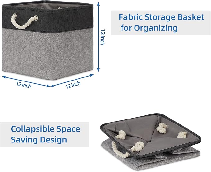 Temary 12 Inch Cube Storage Baskets 4 Pack Fabric Storage Bin for Clothes, Large Baskets with Handles, Basket for Organizing Towels, Blankets, Collapsible Cube Storage Bins (Black&Gray)