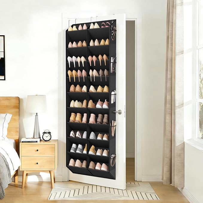 LANTEFUL Over the Door Shoe Organizer, Hanging Shoe Rack for Closet Door Shoe Storage for 30 Pairs Sneaker and Boots, Large Shoe Holder for Door with 10 Side Pockets, Space Saving, Black