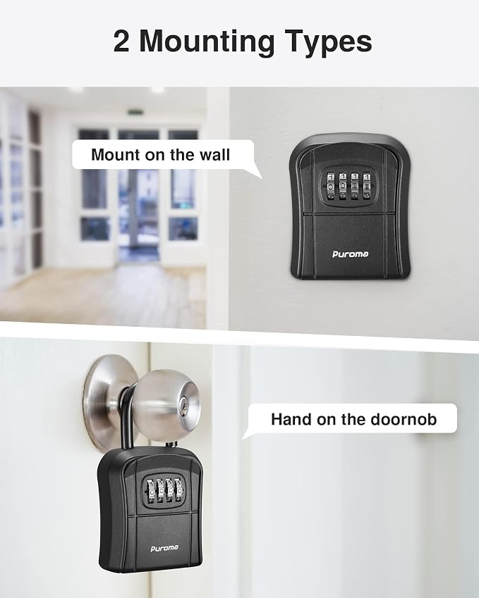 Puroma Key Lock Box, Portable Combination Lockbox Wall-Mounted Key Storage Box for House Keys, Resettable Code Safe Security Lock Box for Home, Office, Apartment Spare Key Storage (2 Pack, Pure Black)