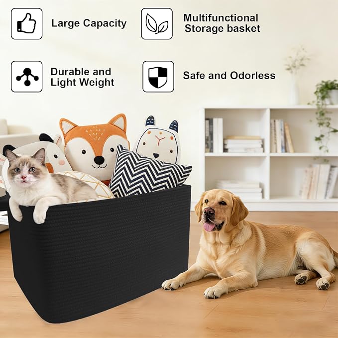 96L Extra Large Black Cotton Rope Laundry Basket with Sturdy Handle | 24x16x15 Foldable Rectangular Blanket Basket for Toys, Clothes & Pillows,Ideal for Nursery, Bathroom, Bedroom, Living Room