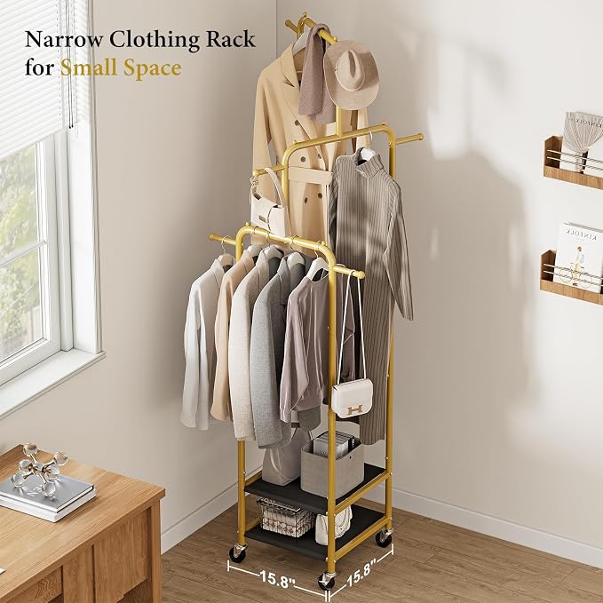 Chrislley Small Clothing Rack With Wheels & 2 Shelves, Narrow Clothes Rack | 3-Section Different Heights Metal Rolling Garment Rack, 71" Tall Portable Coat Rack with 6 Hooks for Bedroom, Entryway, Gold