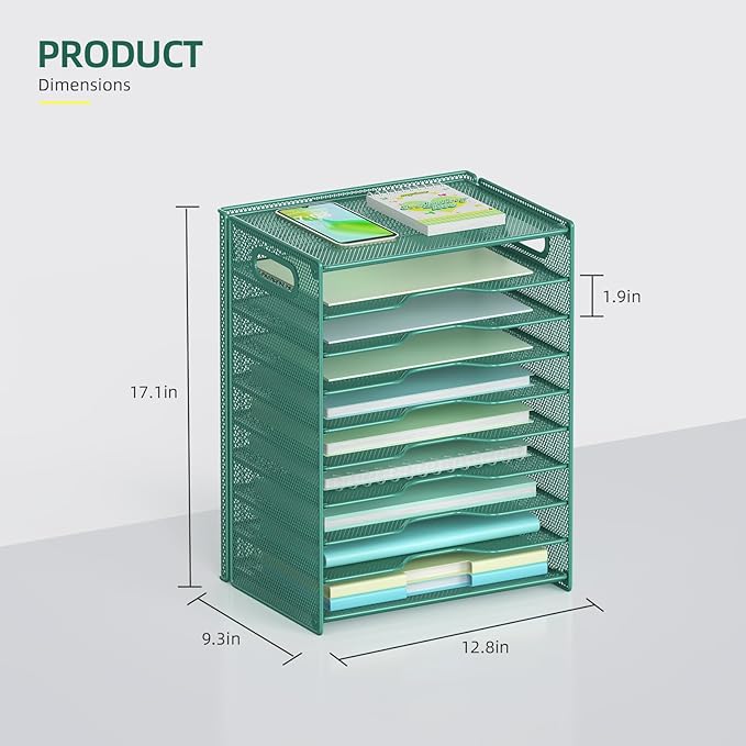 OUTWOLF 10 Tier Paper Organizer - Letter Tray Mesh Desk File Organizer with Handles for Office School Desktop, Green