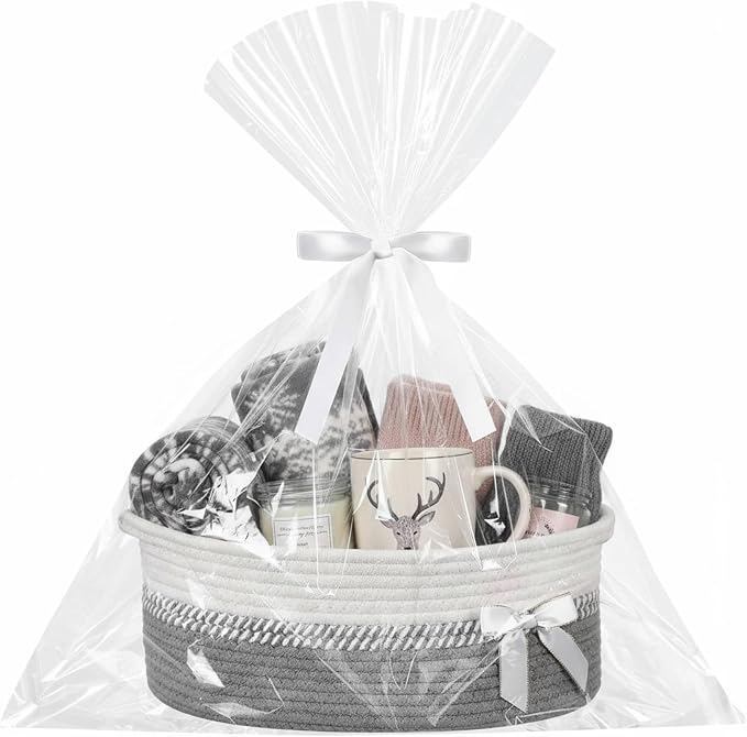 Colingmill 1 Set Woven Empty Basket for Gift,Gray White | with Cellophane Wrap Set, 14 x 10 x 5.5 Inch, Medium Decorative Gift Basket, Cotton Rope Storage Box, Home Decor