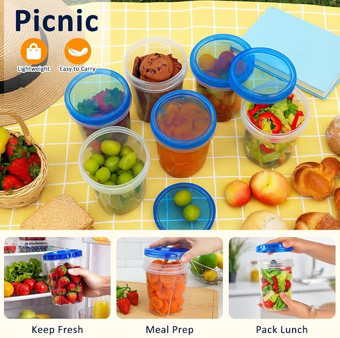 10 Pack 34oz Reusable Freezer Food Storage Containers with Twist Top Lids, Airtight Plastic Meal Prep Food Containers for Leftover Lunch Fruit Salad Oats, Clear Large Soup Container Microwave Safe