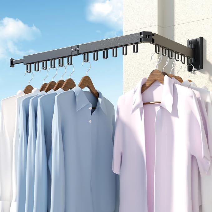 HEILAIYI Clothes Drying Rack,Laundry Drying Rack,Wall Mounted Clothes Rack,Laundry Rack Wall Mount,Folding Retractable Collapsible Drying Rack Clothing (Three-Poles,Loop Shape Hooks)